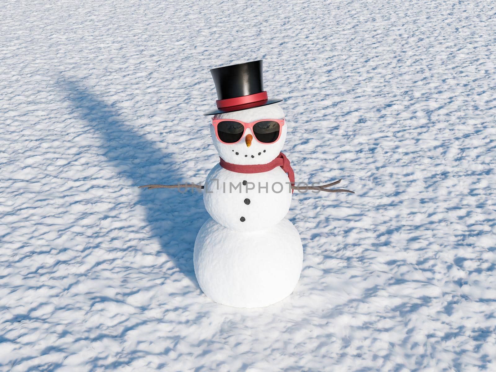 snowman with sunglasses, scarf and hat on snowy ground in daylight. 3d rendering