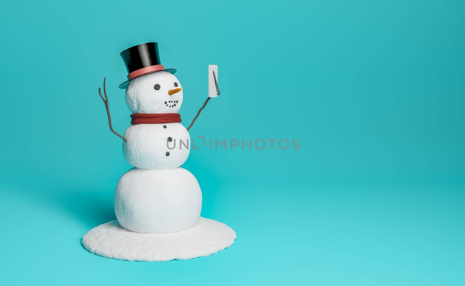 snowman with hat using cell phone or taking a selfie. copy space. 3d rendering