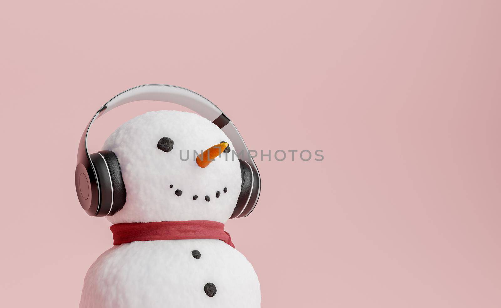 portrait of a snowman with headphones listening to music. 3d rendering