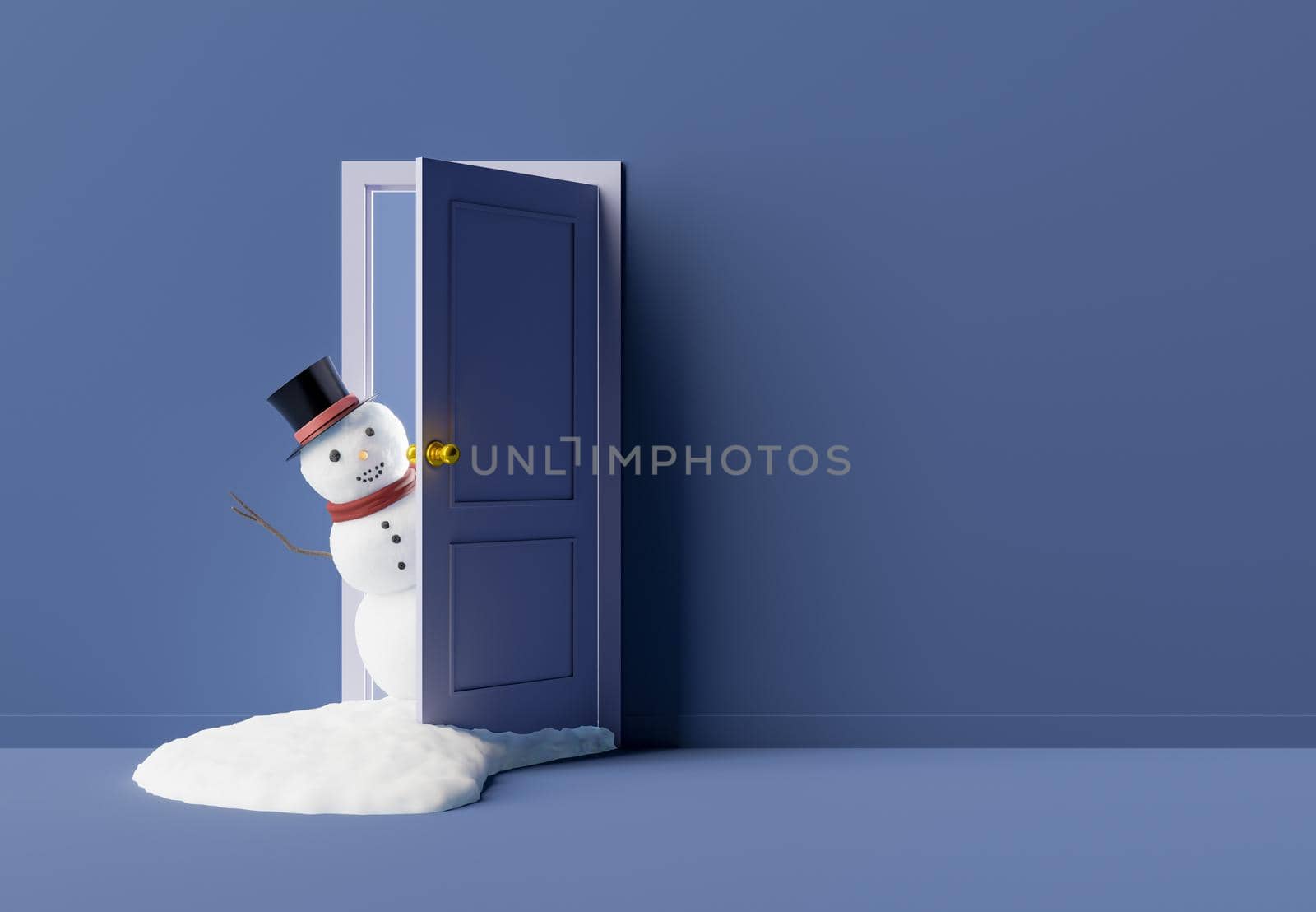 snowman leaning out of an open door with empty wall next to it. concept of winter and christmas arrival. 3d rendering