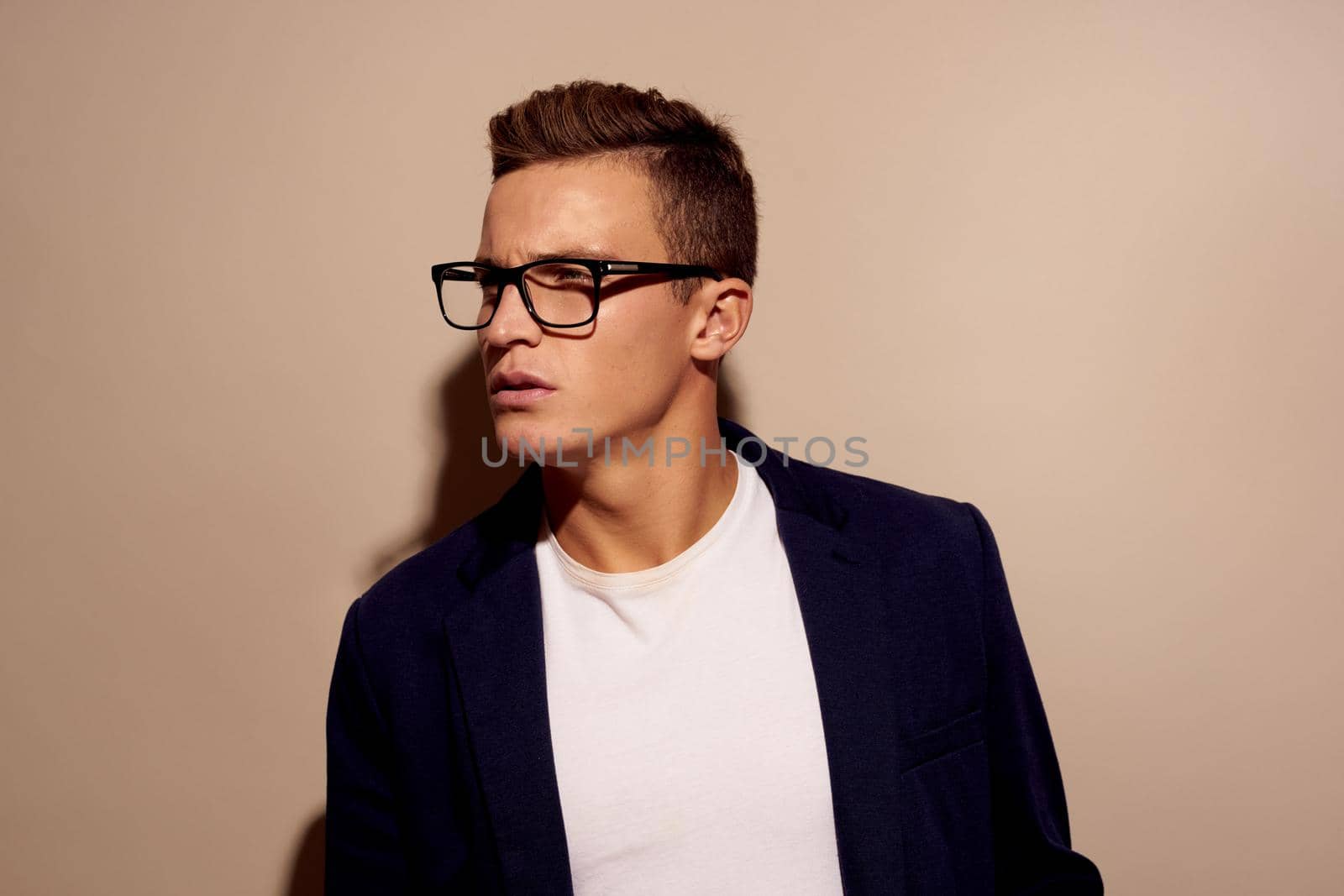 manager fashion posing with glasses isolated background. High quality photo
