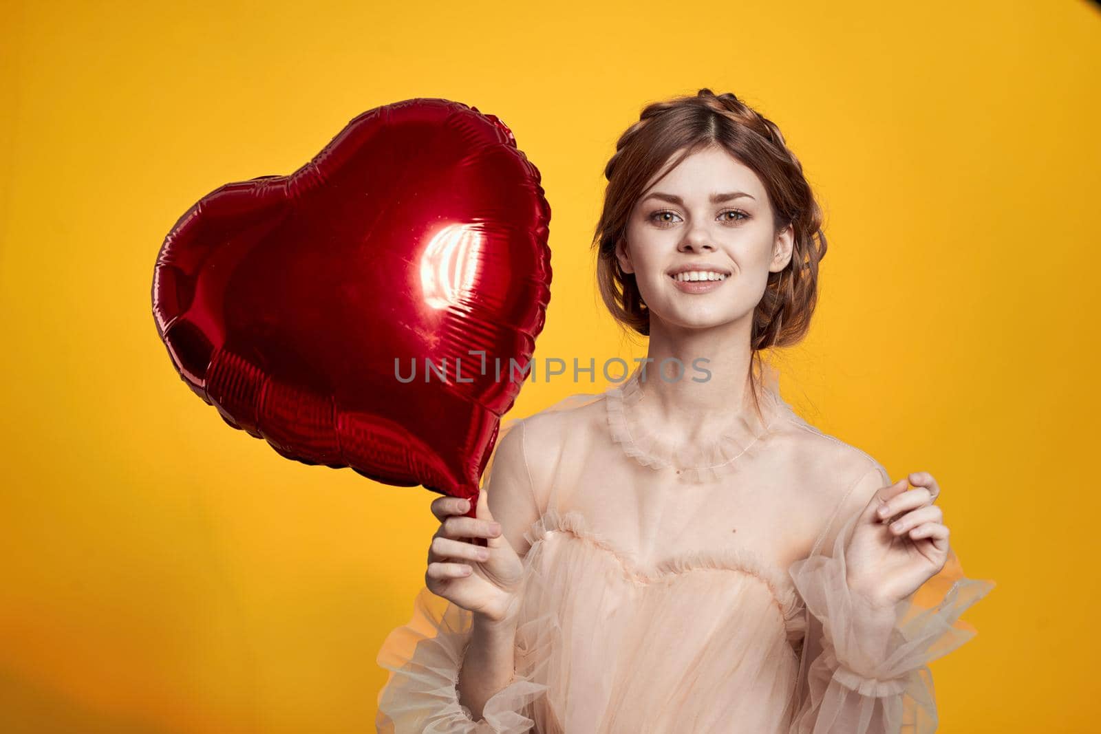 attractive woman heart balloon fun fashion glamor. High quality photo