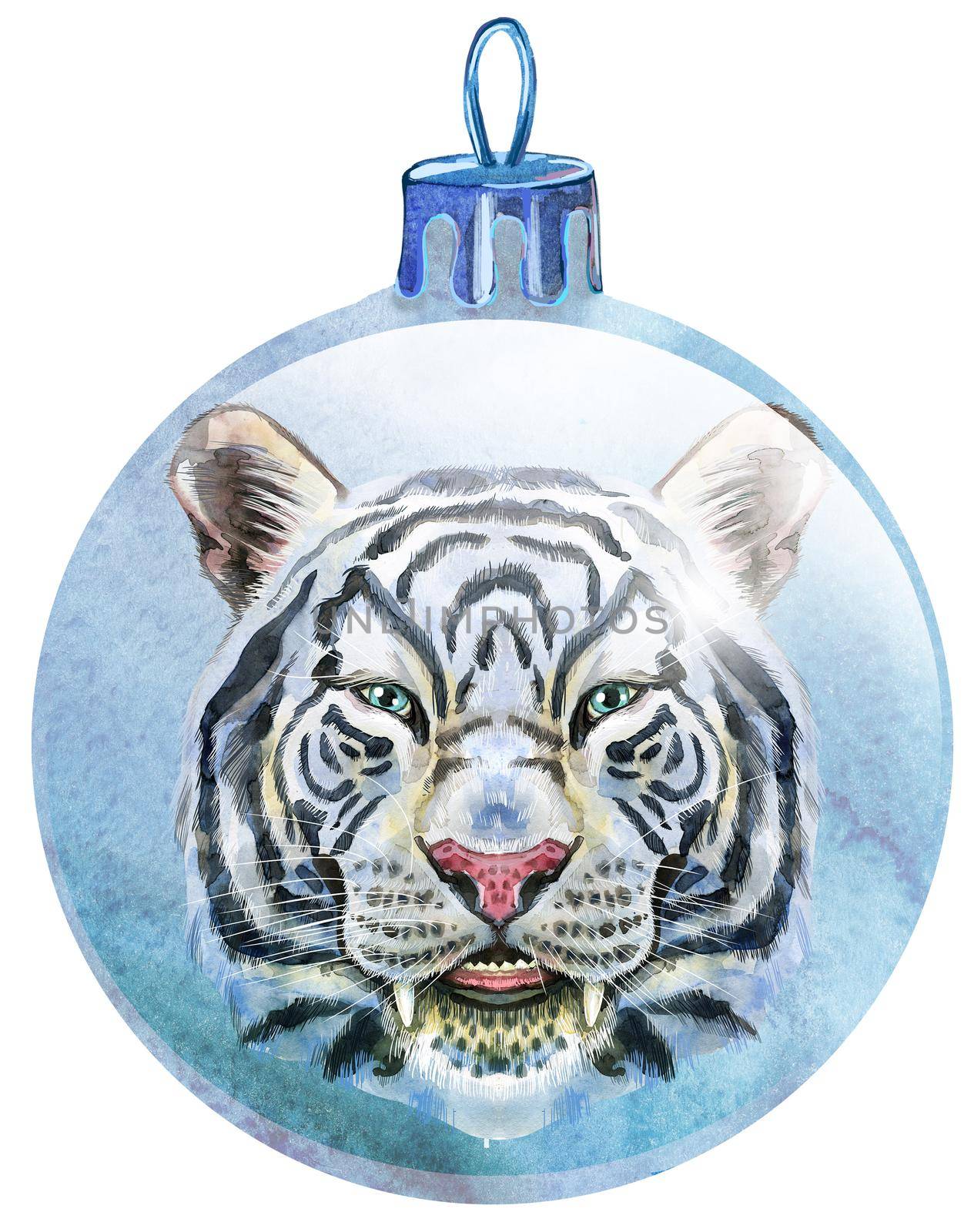 Watercolor Christmas white ball with tiger isolated on a white background.