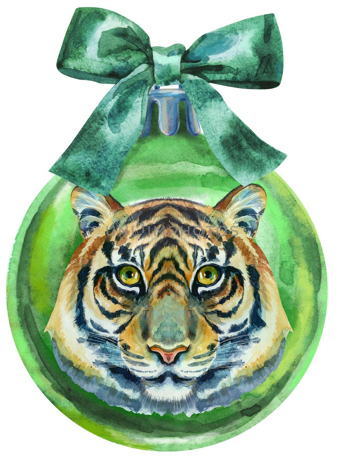 Watercolor Christmas green ball with bow and tiger isolated on a white background.