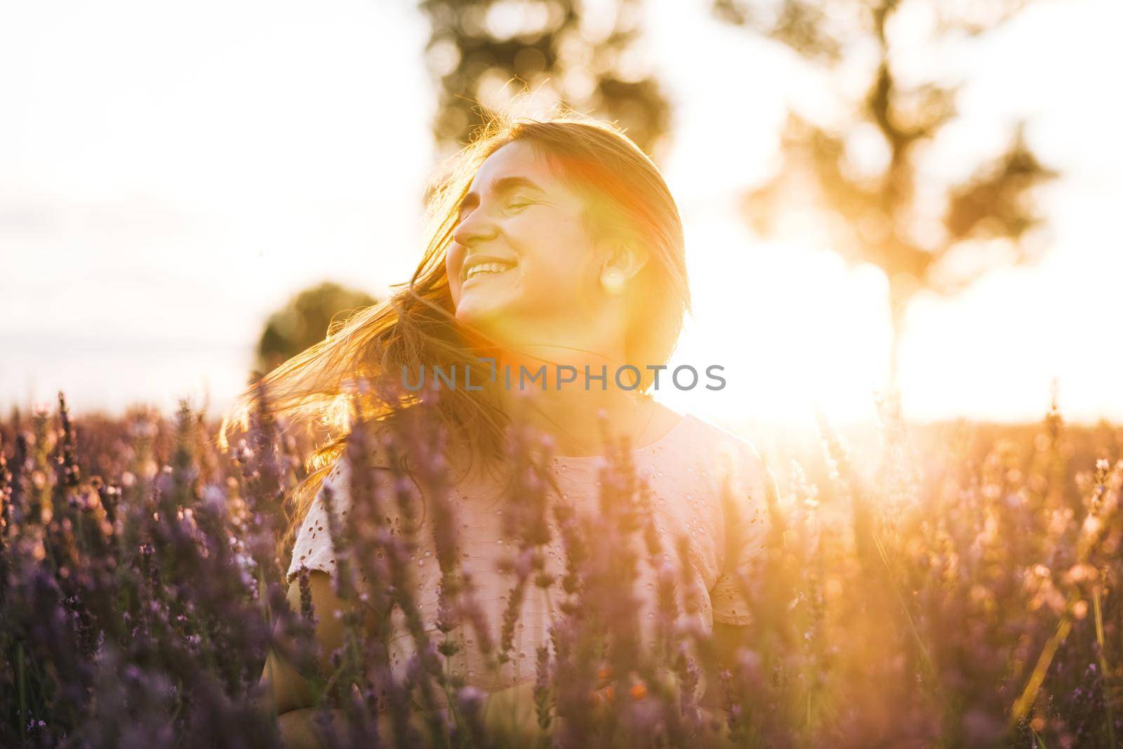 Beautiful girl in lavender field on sunset in France . Girl collect lavender. Romantic woman in fairy field of lavender by uflypro