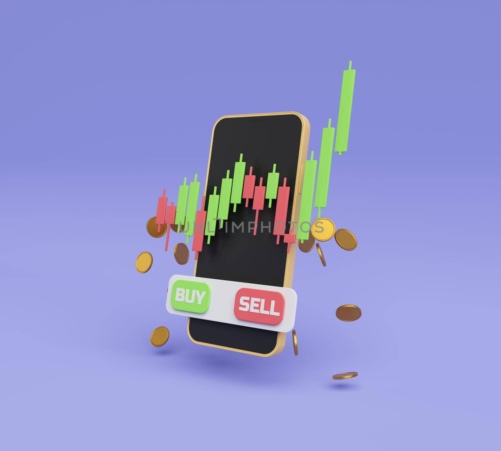 rising candlestick chart in front of a cell phone with buy and sell buttons and coins floating around. technology, investment and cryptocurrency concept. 3d rendering
