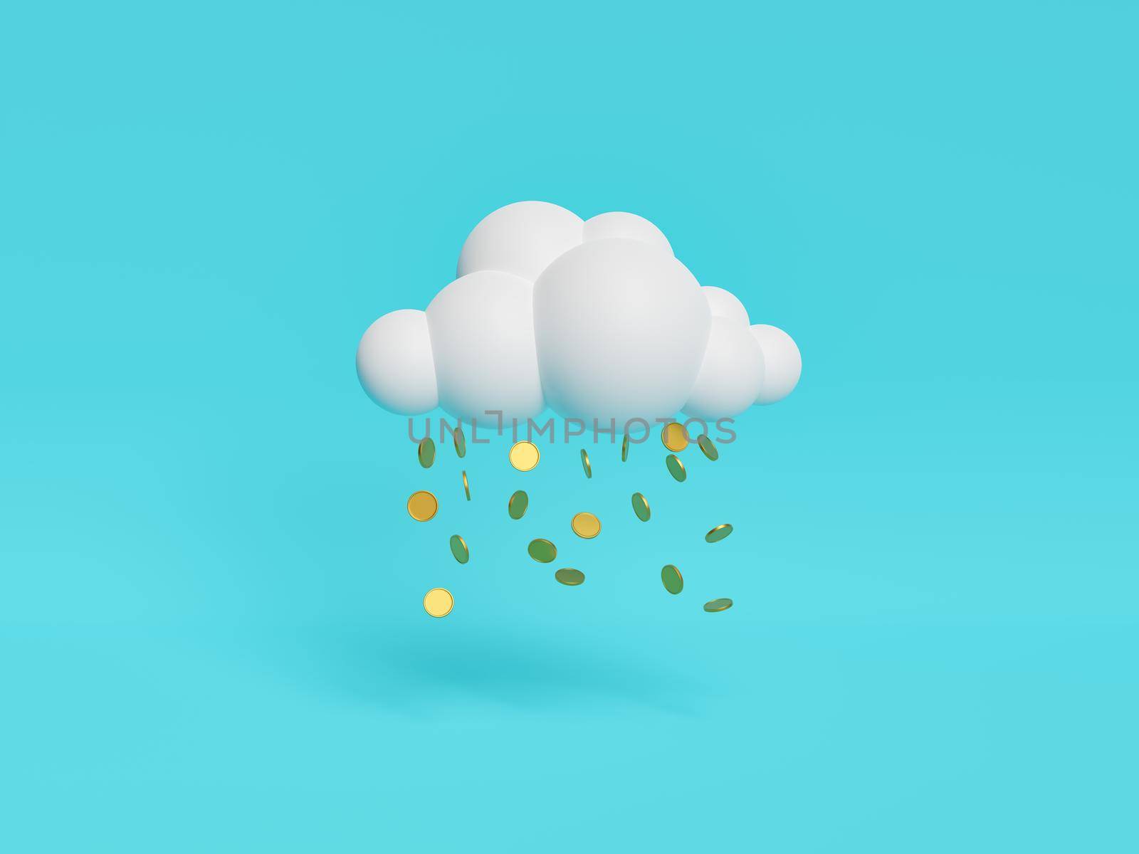 cloud with rain of coins on blue background. minimal concept of investment, success and cryptocurrencies. 3d rendering