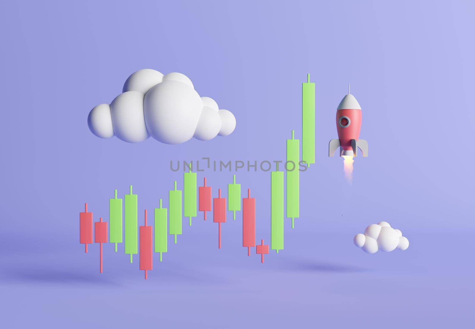 candlestick chart with a rocket ascending through the clouds. concept of success, take-off, cryptocurrencies and investment. 3d rendering