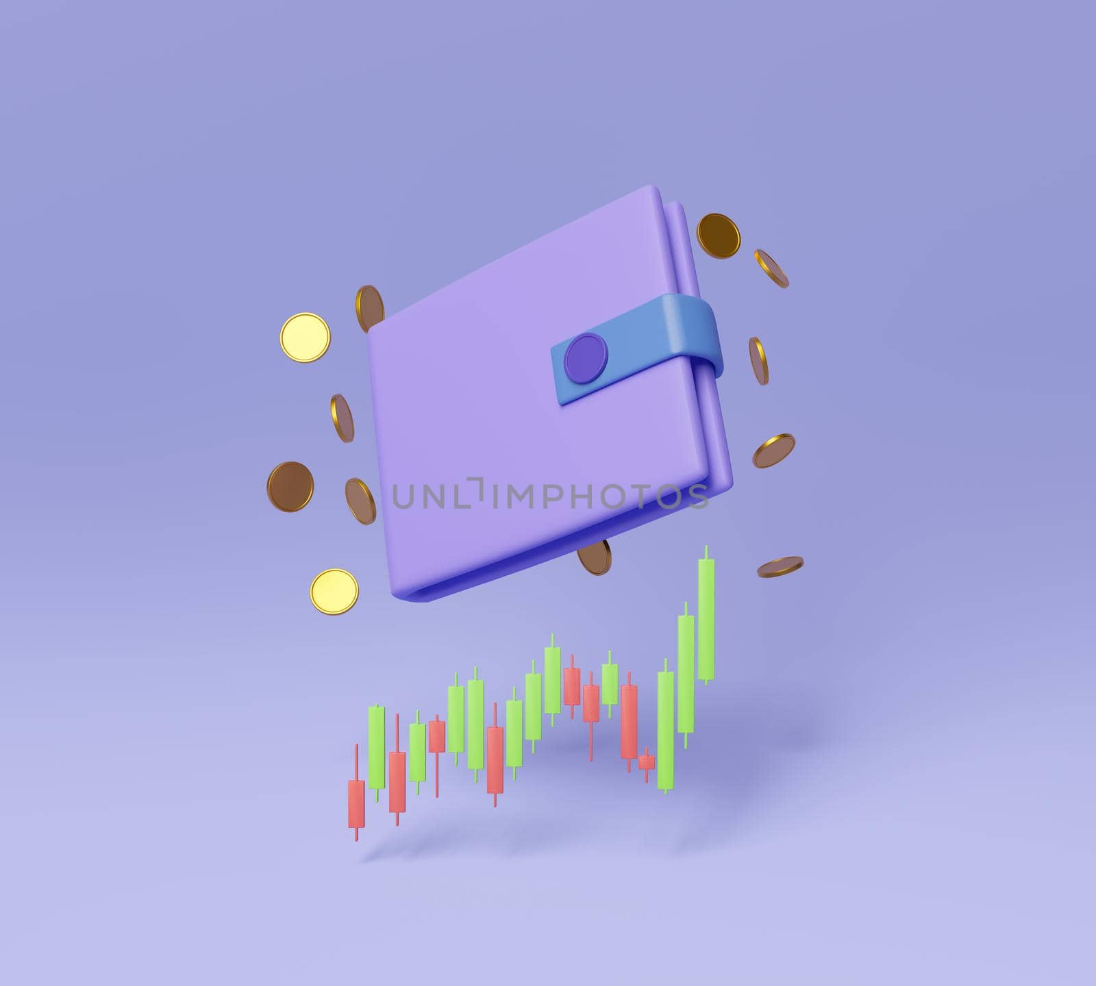 wallet with coins around and rising candlestick chart underneath. cryptocurrency concept and investment. 3d rendering