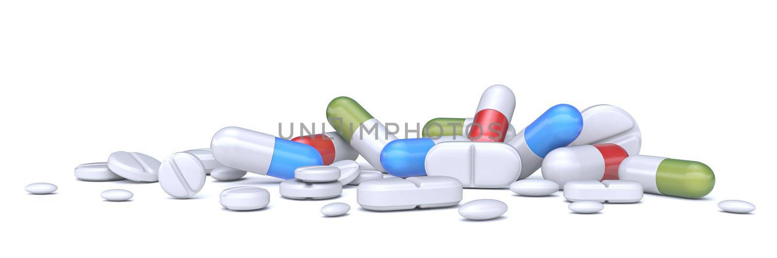 Pile of pills, tablets and capsules 3D rendering illustration isolated on white background