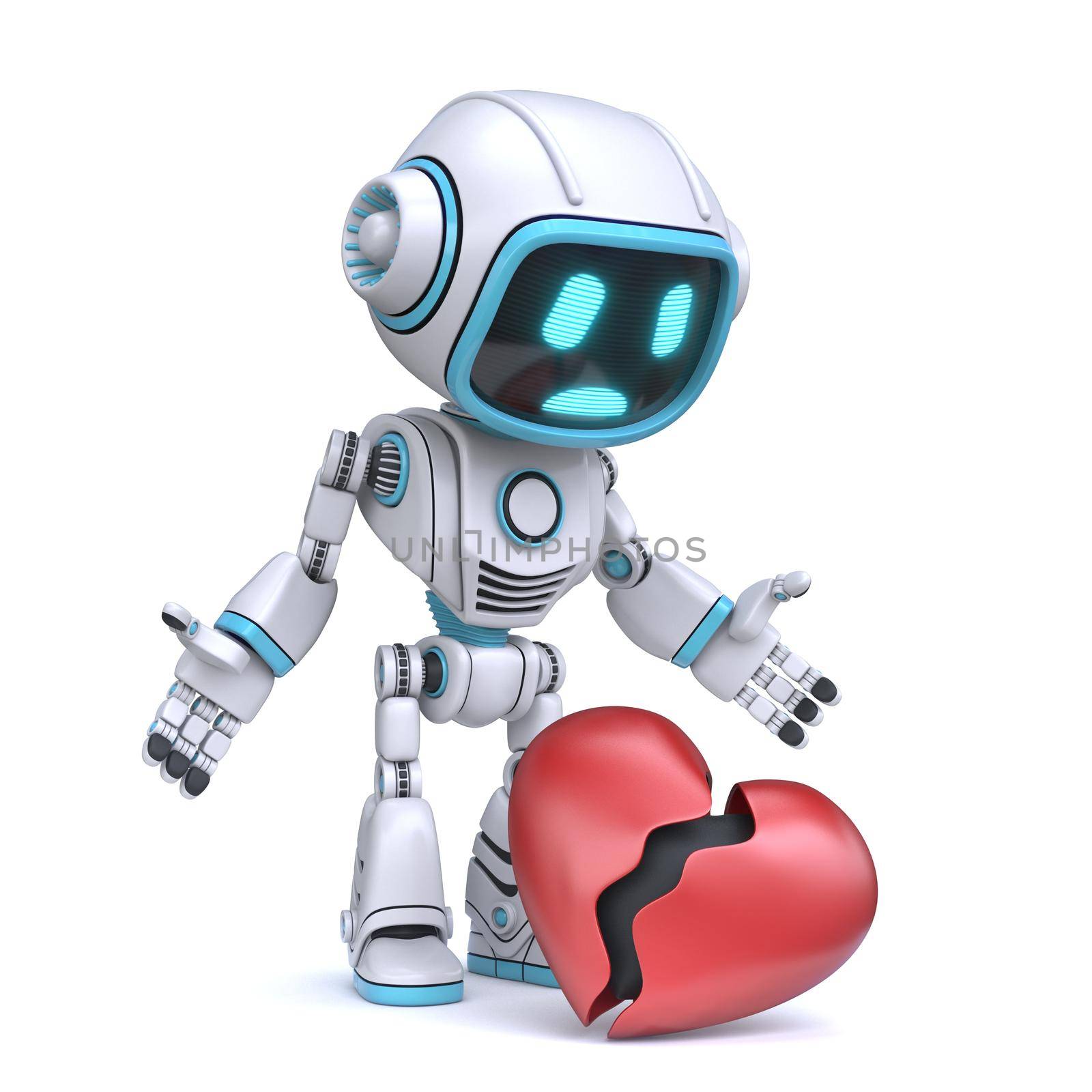 Cute blue robot look at broken heart 3D rendering illustration isolated on white background