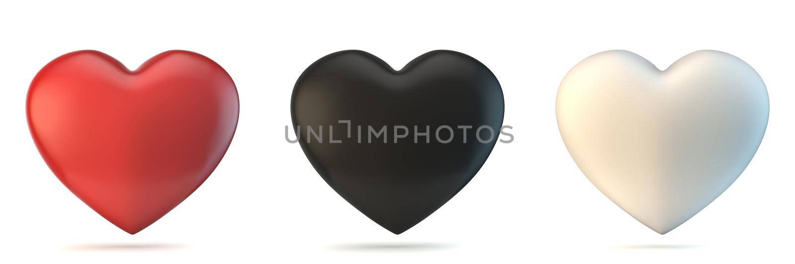 Three hearts 3D rendering illustration isolated on white background