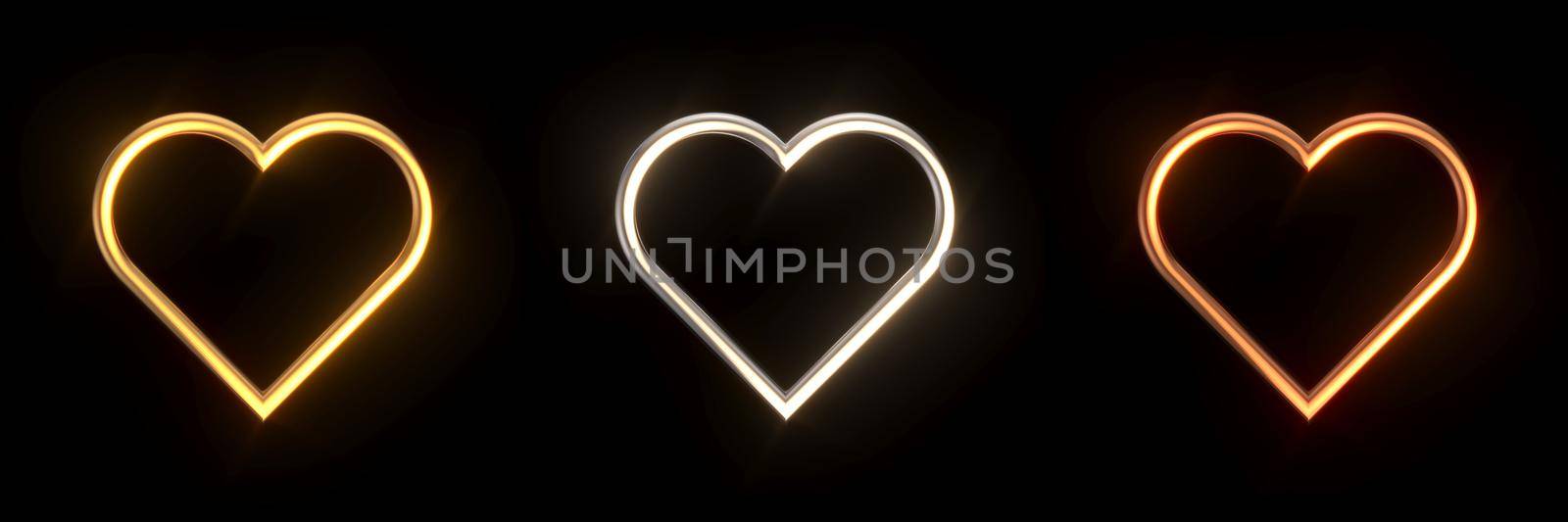 Gold, silver and bronze hearts 3D rendering illustration isolated on black background