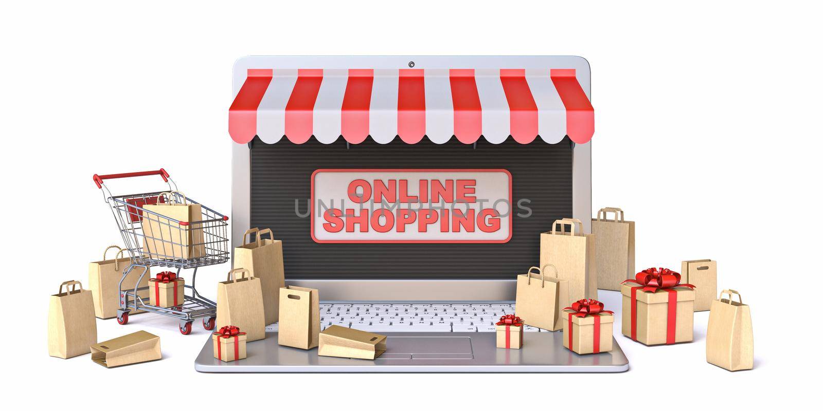 Shopping cart, bags and gift boxes on laptop Online shopping concept 3D rendering illustration isolated on white background
