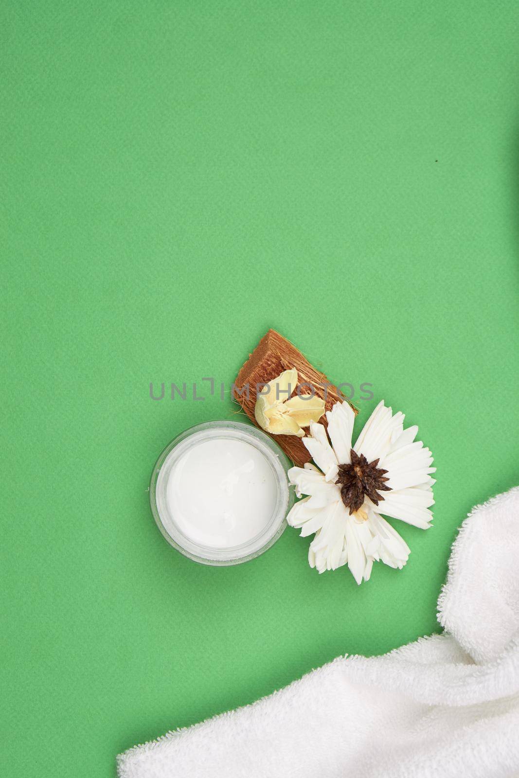 bathroom accessories skin care aromatherapy Green background. High quality photo