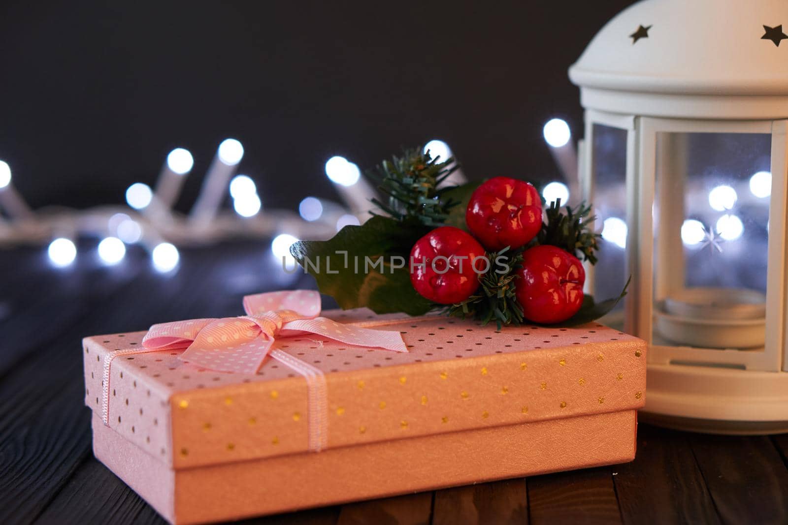 pink box gift christmas decoration holiday wooden table. High quality photo