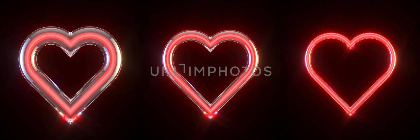 Three neon glowing red hearts signs 3D rendering illustration isolated on black background