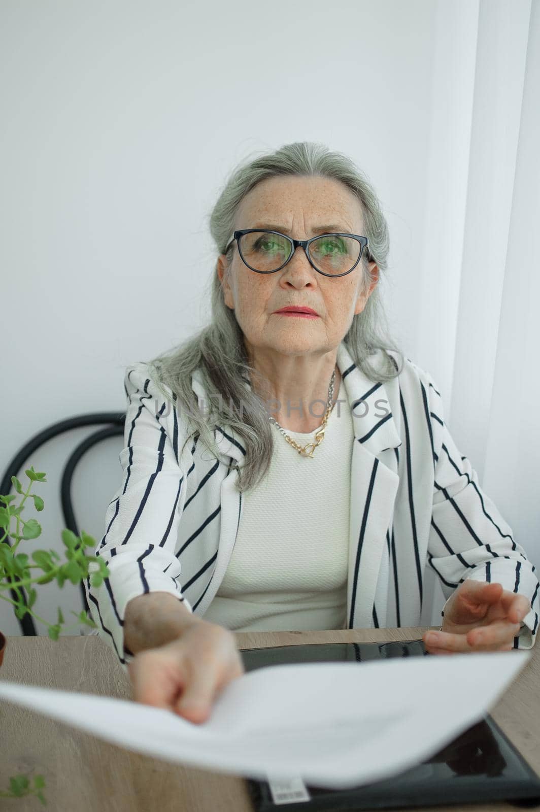 Senior grey haired businesswoman in striped jacket with eyeglasses is working with documents in here office sitting at the desk. Happy retirement, employment and labor by balinska_lv