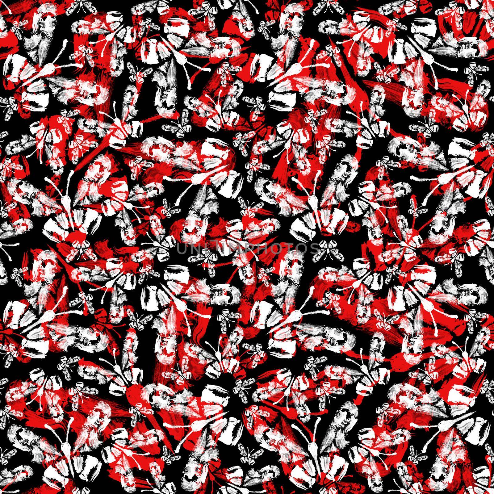 Abstract butterfly seamless pattern in red, white and black colors. Grunge splash draw paint