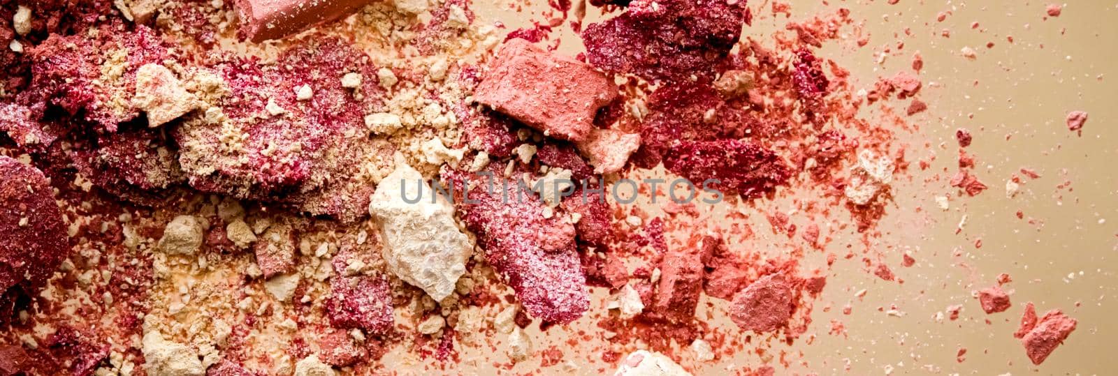 Crushed cosmetics, mineral organic eyeshadow, blush and cosmetic powder isolated on golden background, makeup and beauty banner, flatlay design by Anneleven