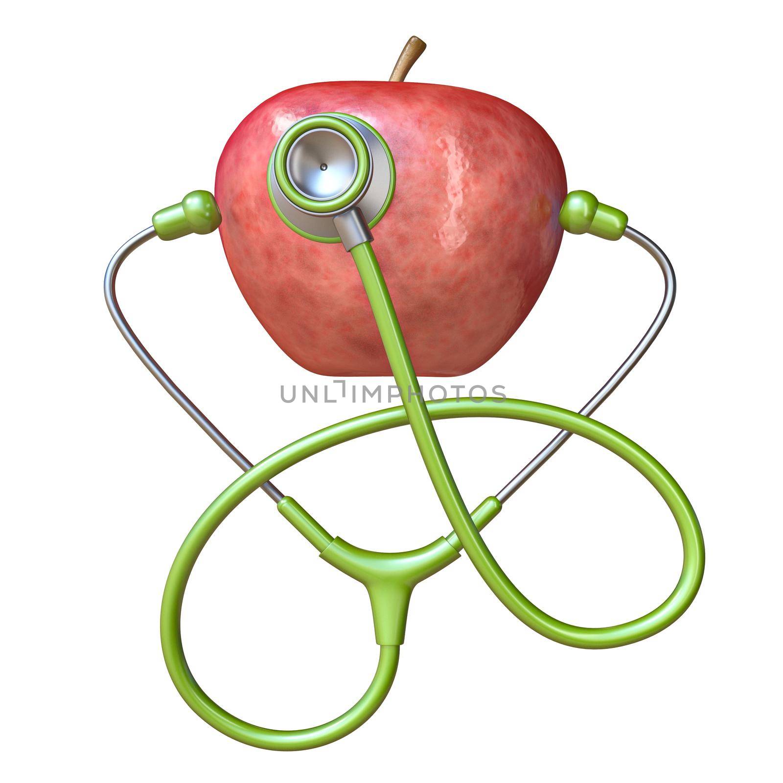 Stethoscope and red apple 3D render illustration isolated on white background