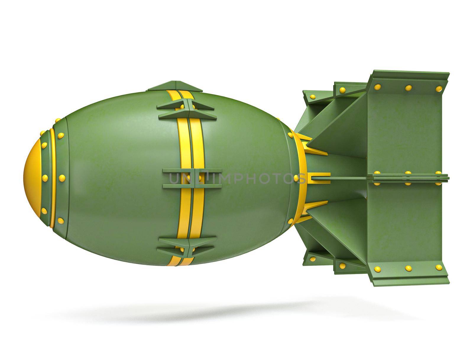 Yellow green cartoon aerial bomb 3D render illustration isolated on white background