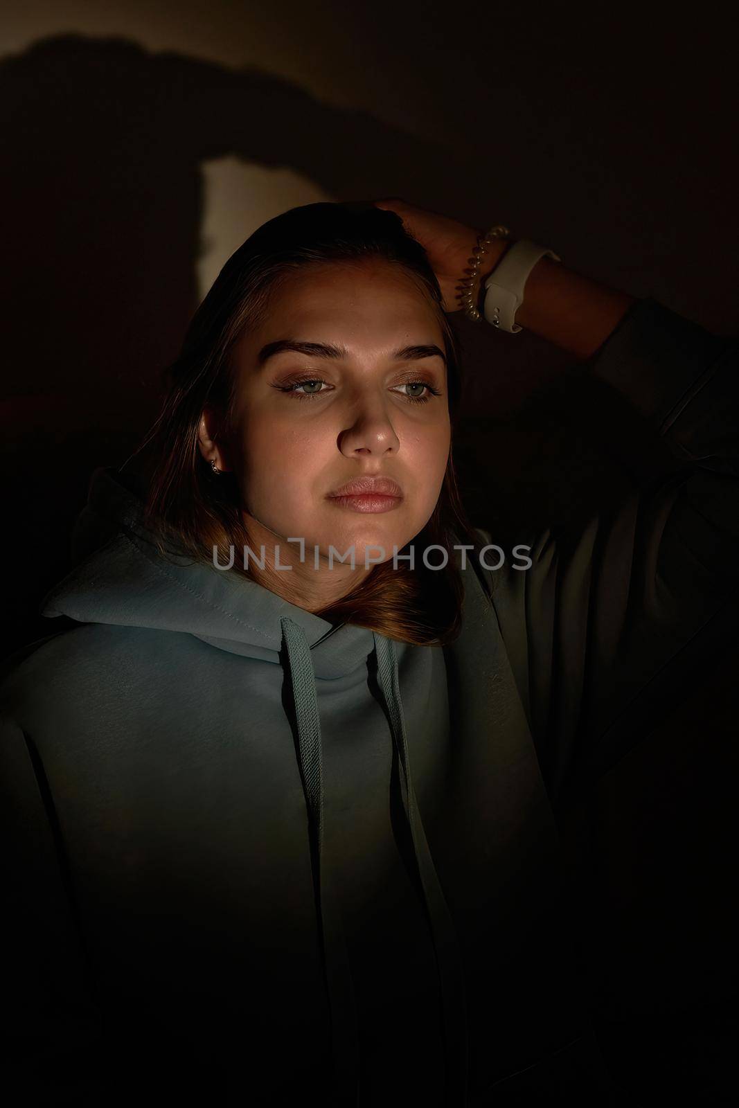 Facial portrait of a young beautiful girl with long dark hair. Low key woman portrait