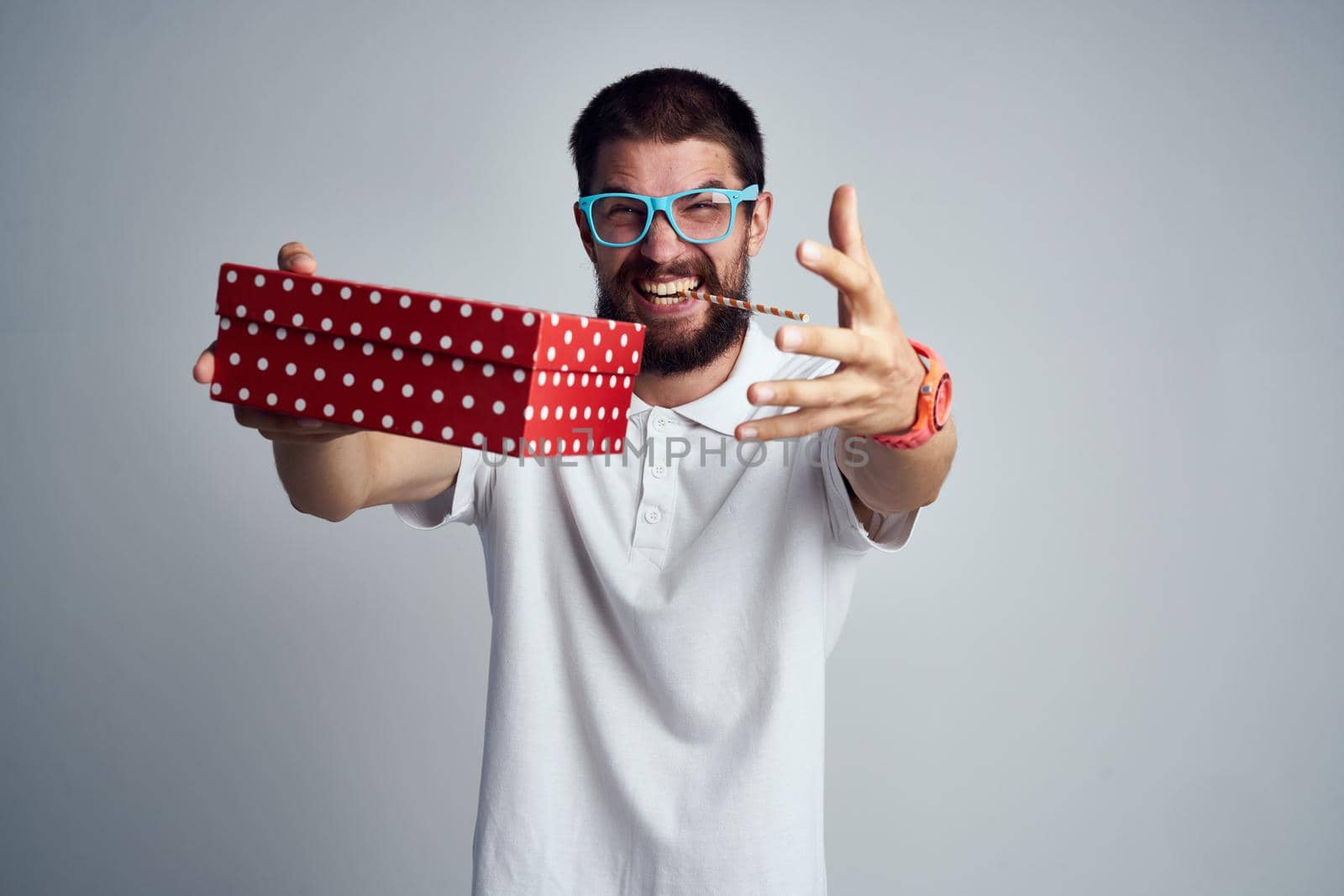bearded man box with gift holiday fun birthday by Vichizh