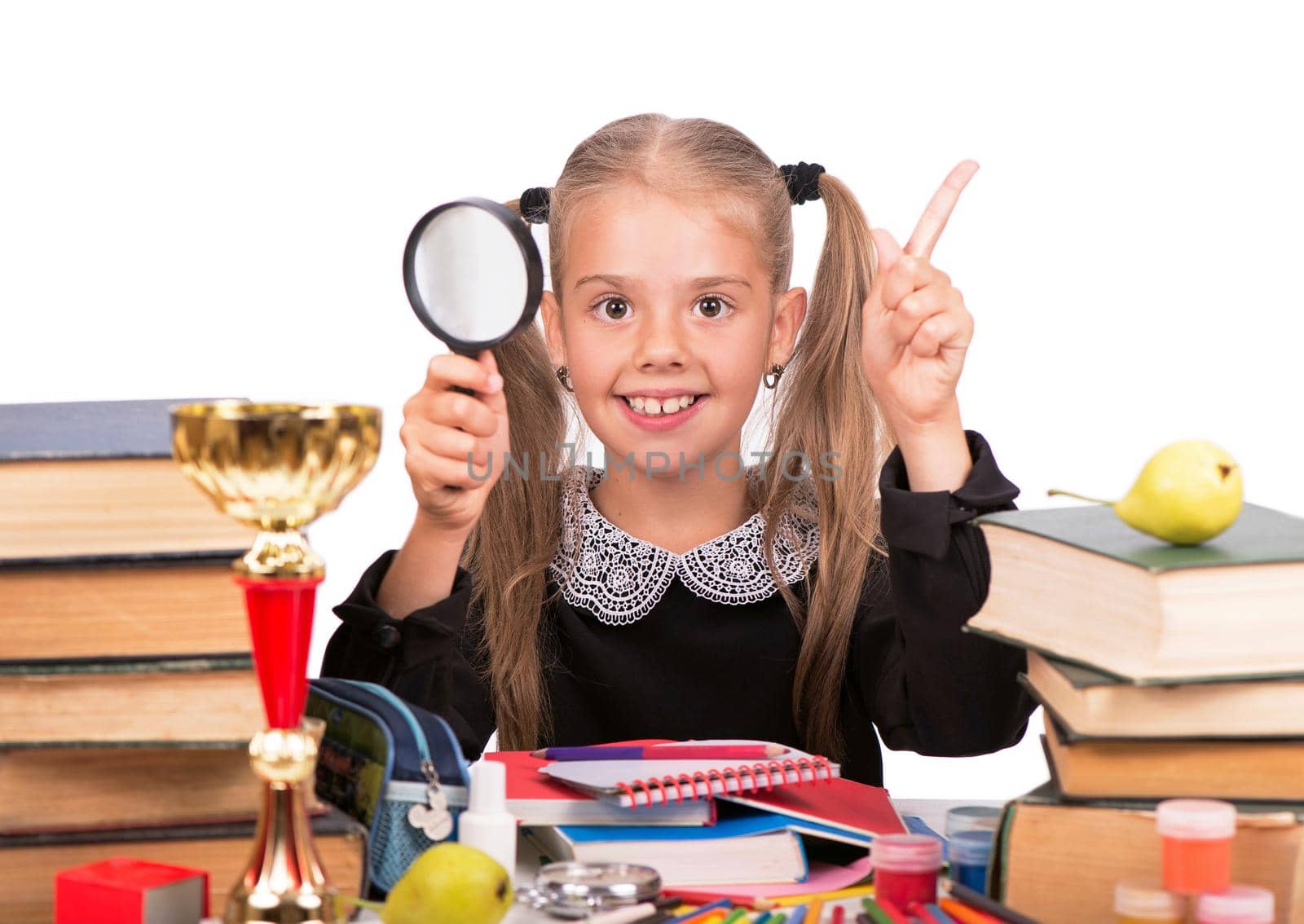 Caucasian child girl with school supplies stationary isolated on white background. by aprilphoto