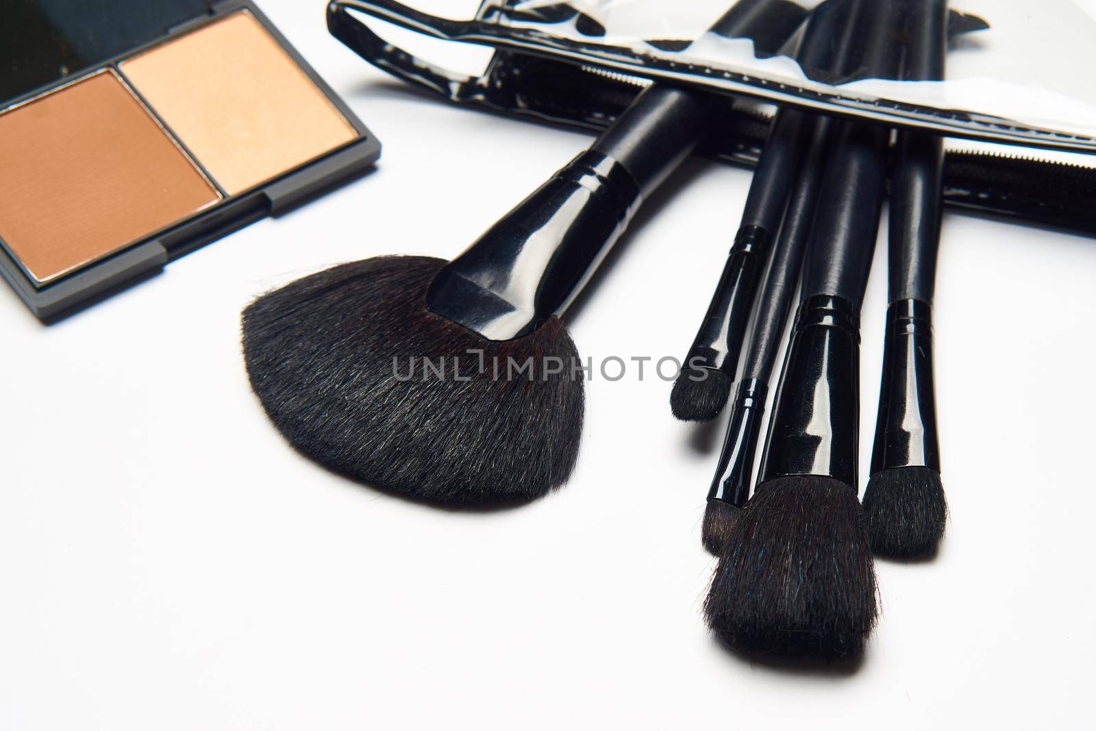 makeup brushes accessories cosmetics top view fashion. High quality photo