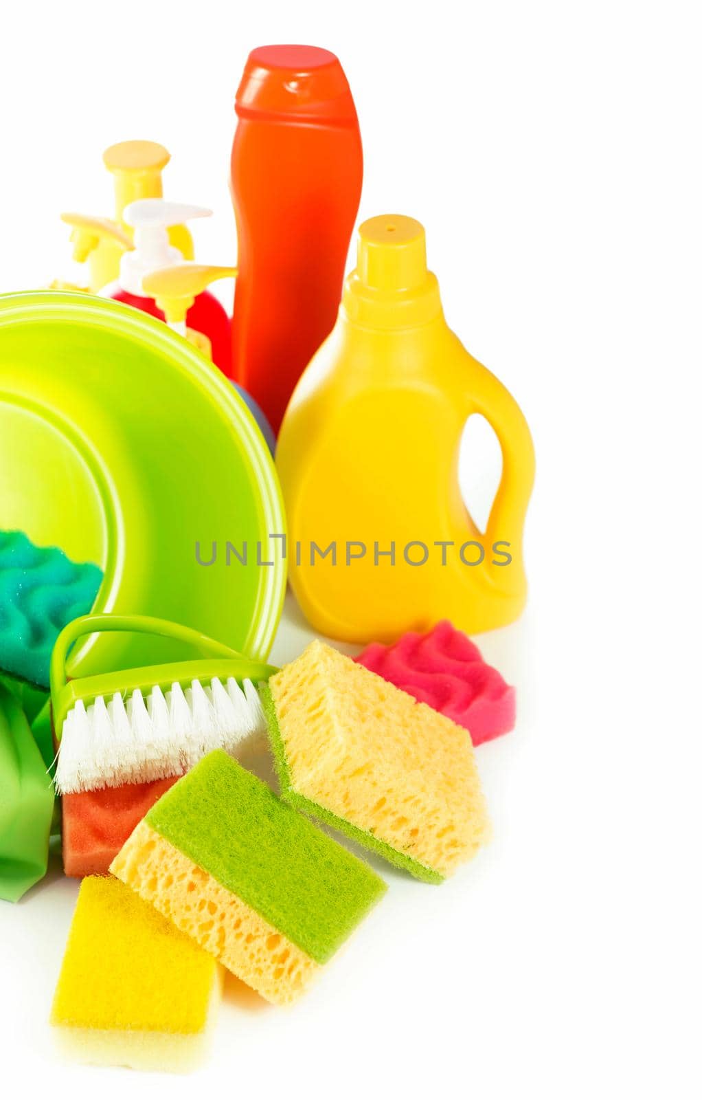concept - house cleaning. Detergents, scouring powders, scouring pads and gloves for cleaning the house by aprilphoto
