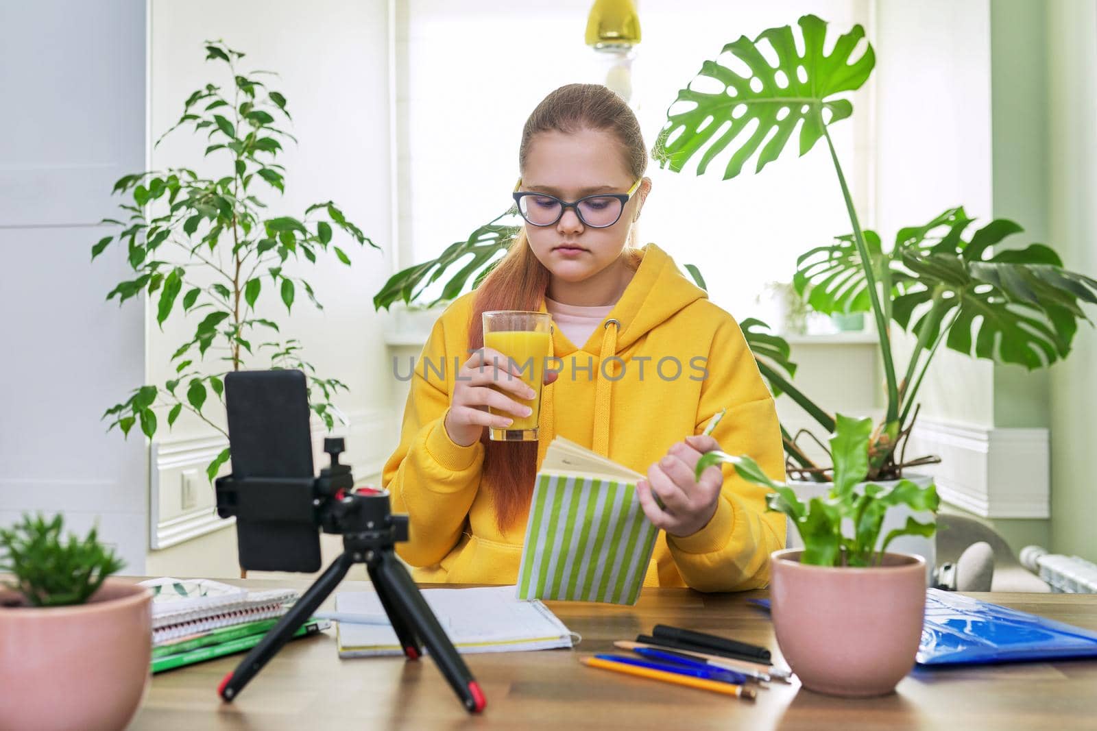 Teenage girl looking at the webcam using a smartphone for an online lesson by VH-studio