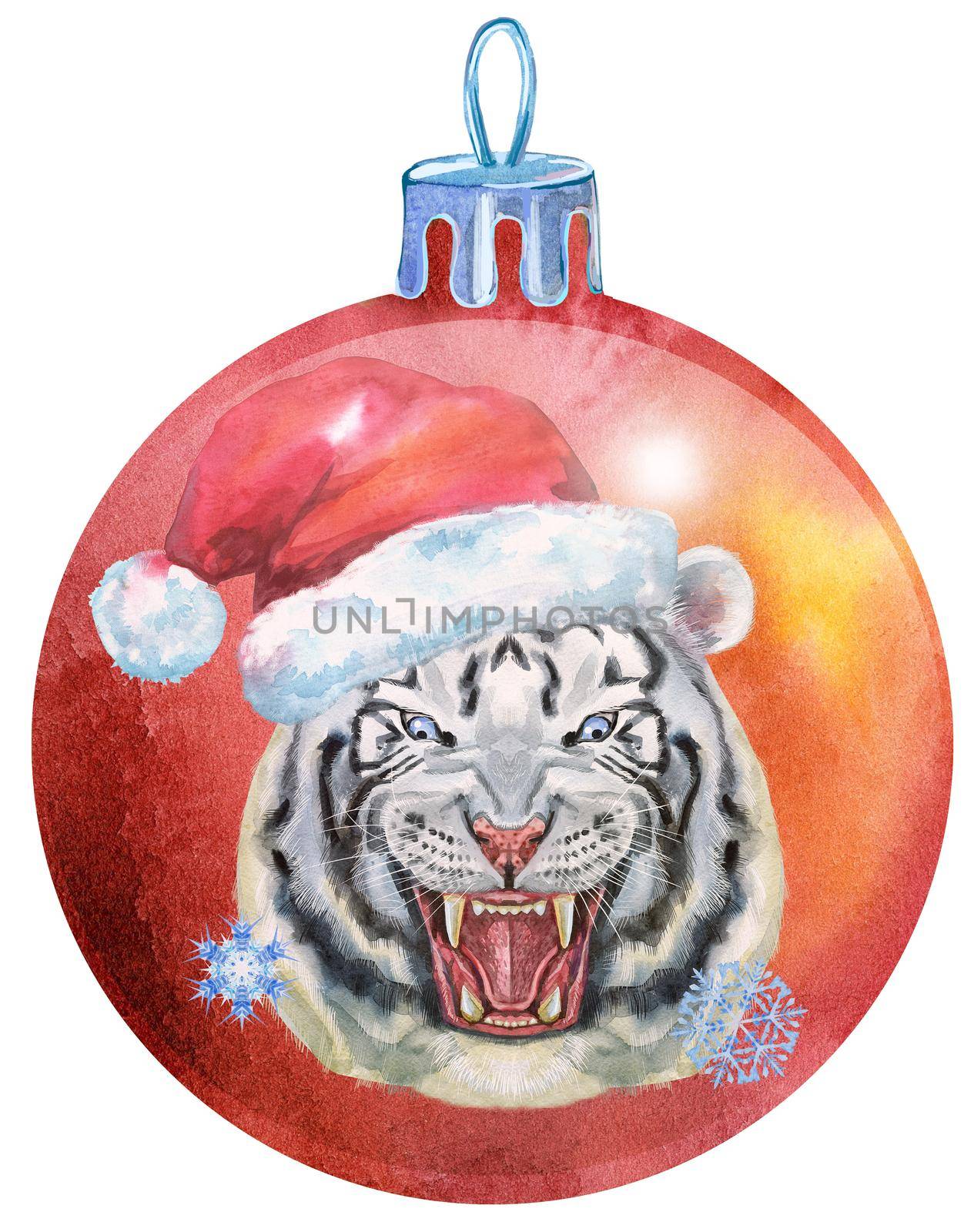 Watercolor Christmas red ball with tiger isolated on a white background.