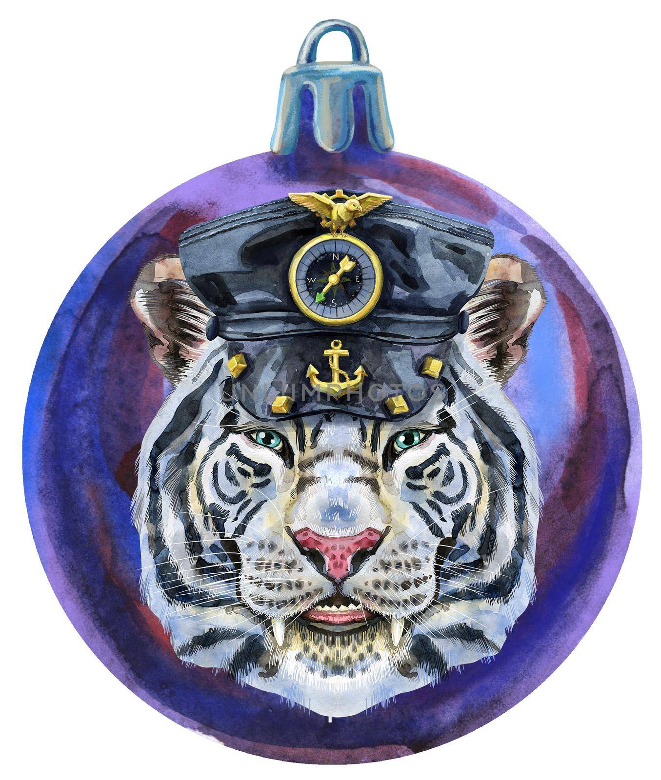 Watercolor Christmas violet ball with tiger isolated on a white background.