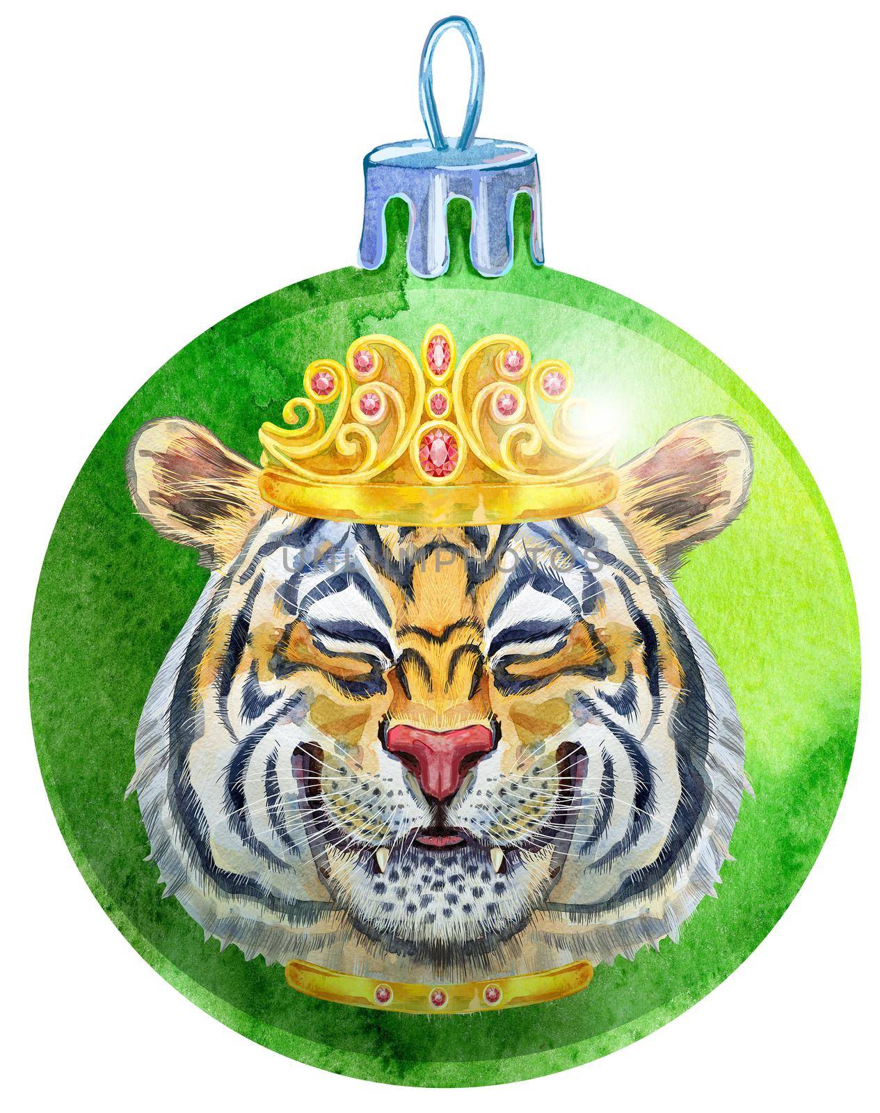 Watercolor Christmas green ball with tiger isolated on a white background.