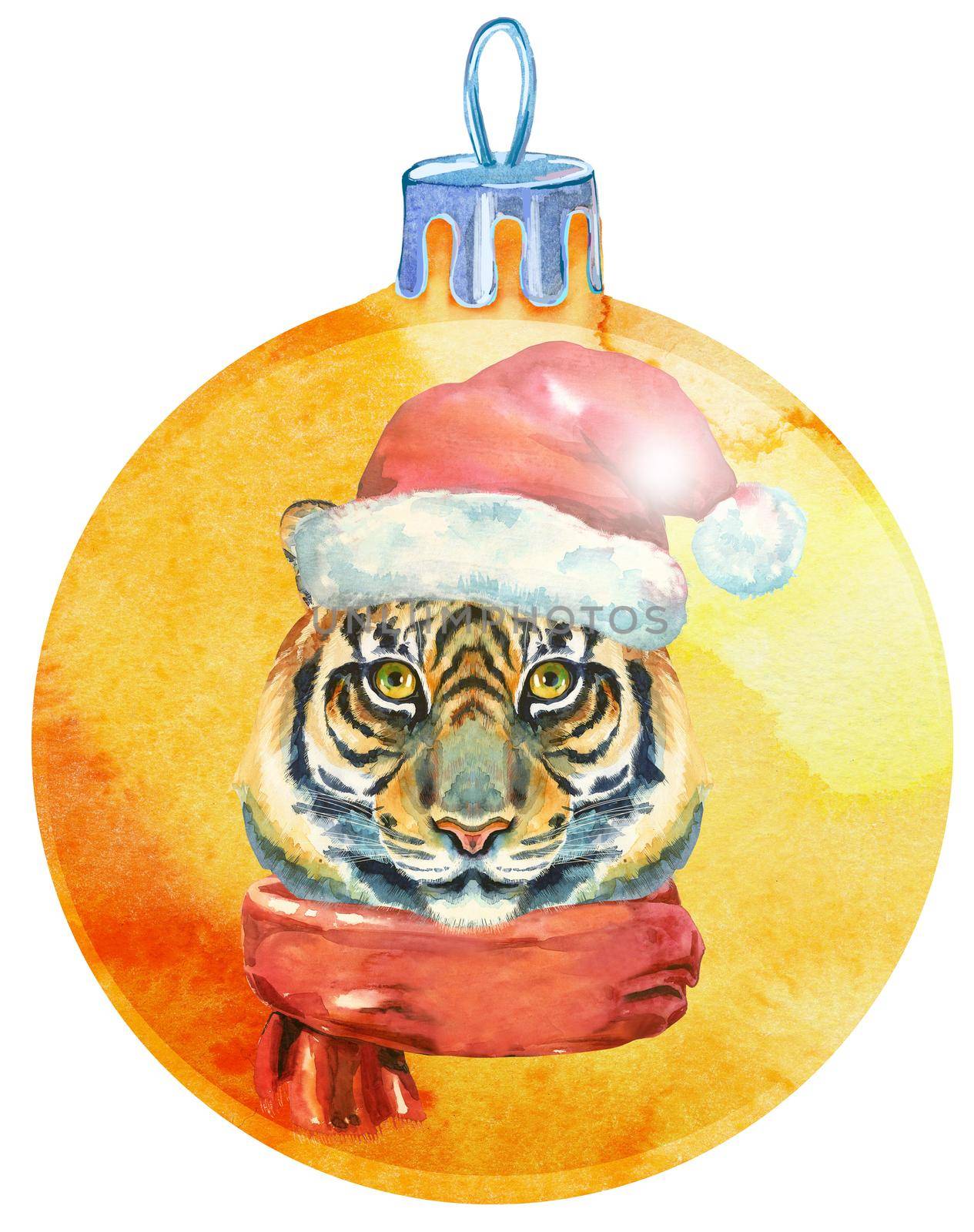 Watercolor Christmas ball with tiger isolated on a white background.