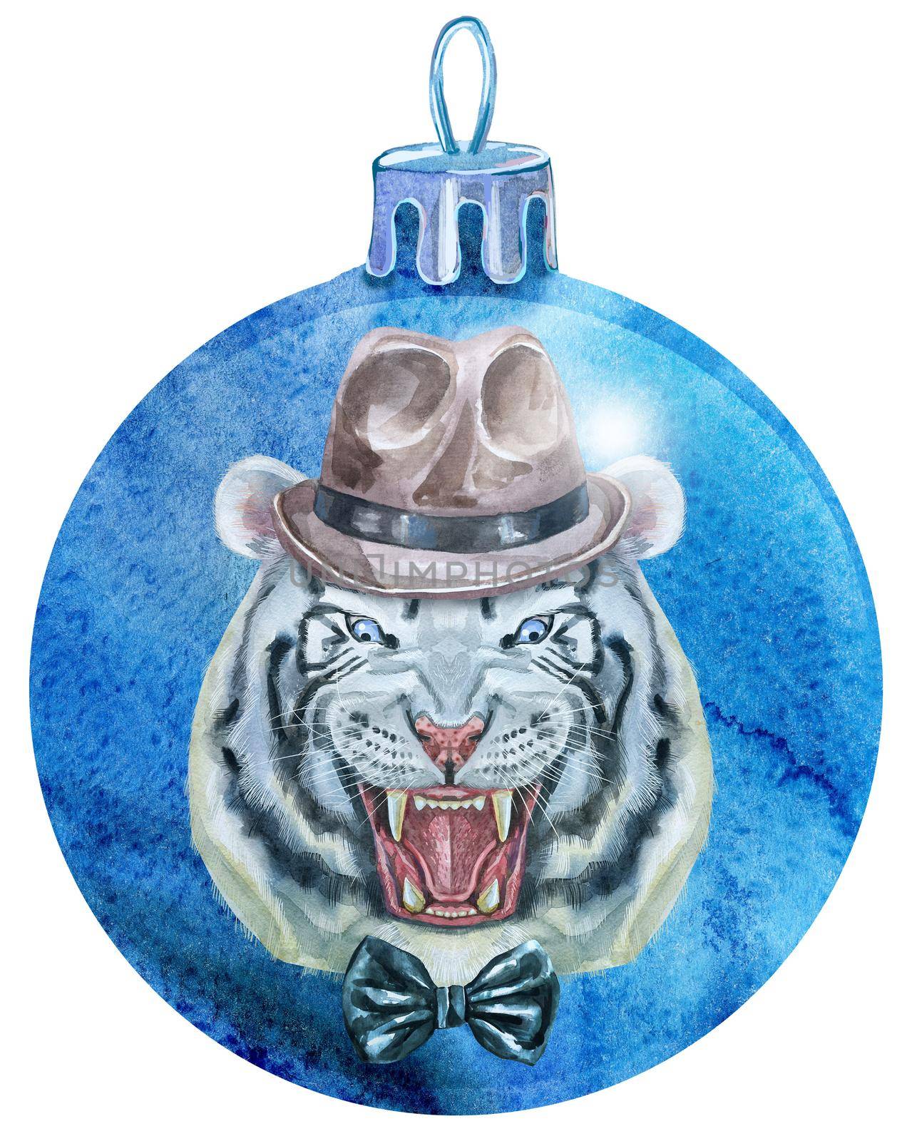 Watercolor blue Christmas ball with tiger isolated on a white background. by NataOmsk