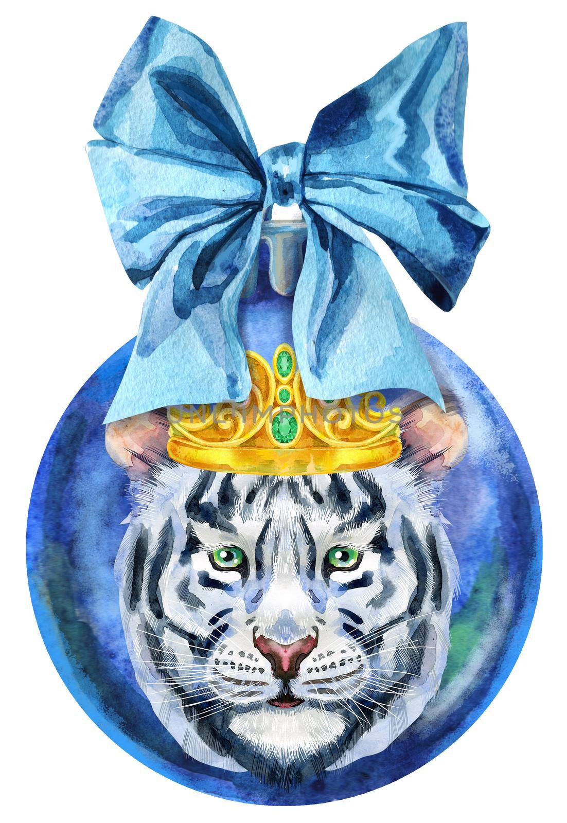 Watercolor Christmas blue ball with bow and tiger isolated on a white background.