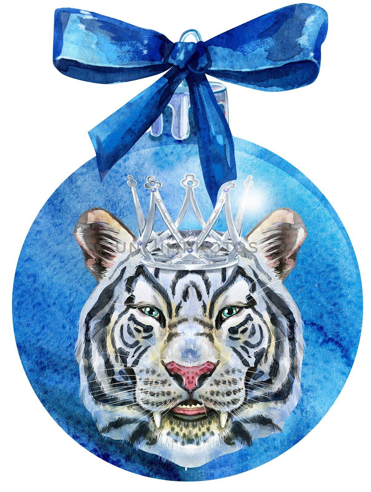 Watercolor blue Christmas ball with bow and tiger isolated on a white background. by NataOmsk