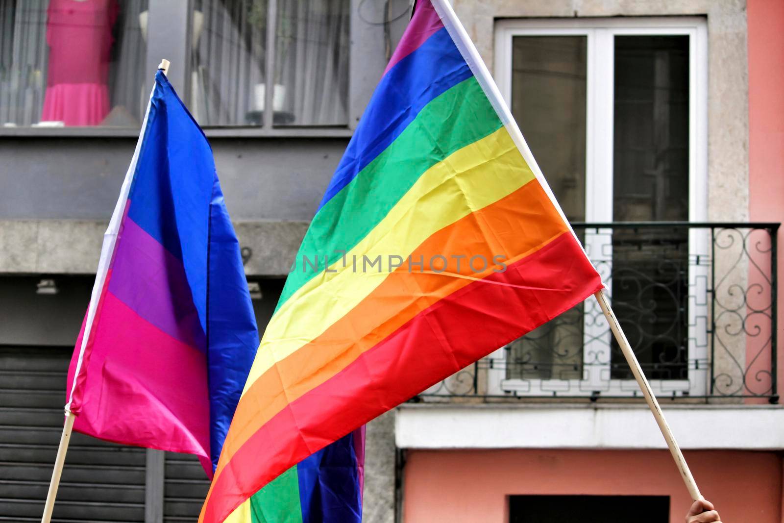 Rainbow gay and bisexual flag at the International Gay Pride Day in Lisbon, Portugal