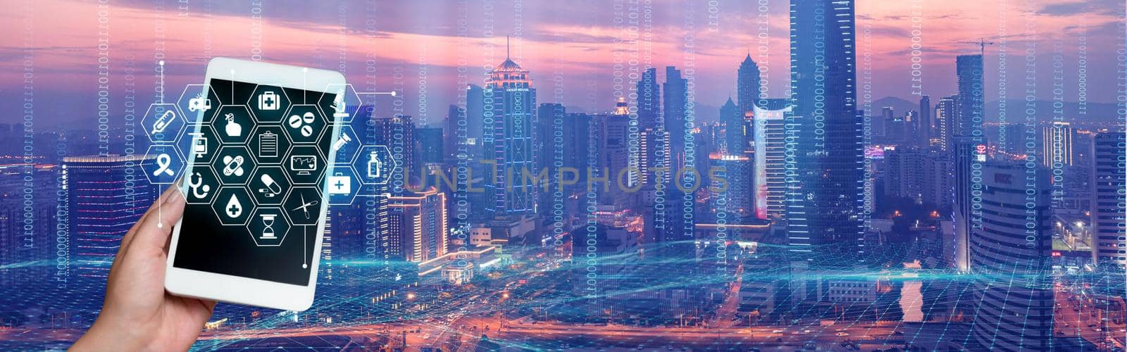 Buildings Behind Picture Of Hand Holding Tablet Showing Wonderful Futuristic Technology. Construction Backside Palm Using Padpresenting Modern Automation by nialowwa