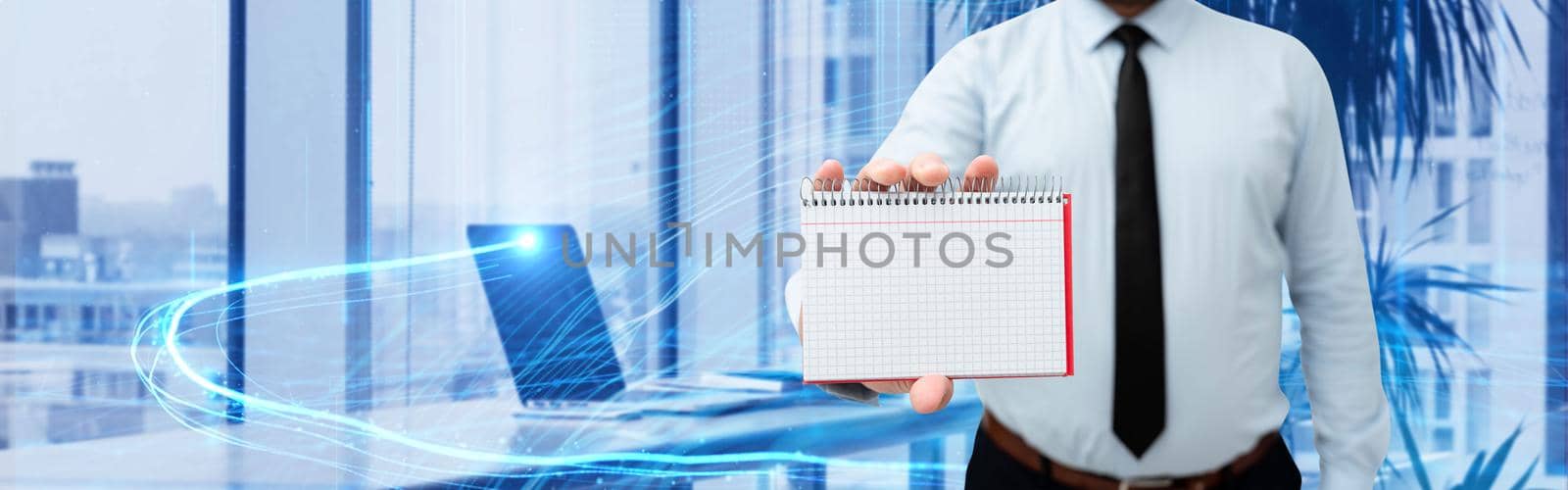 Businessman Holding Empty Notebook Around Futuristic Technology.