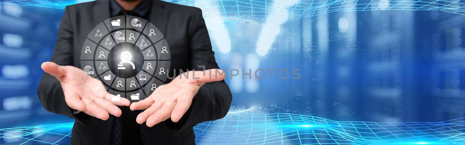 Picture Of Businessman Giving Ideas Presenting With His Both Hands Showing Amazing Futuristic Technology. Employee Sharing Knowledge Performing Wonderful Modern Automation. by nialowwa