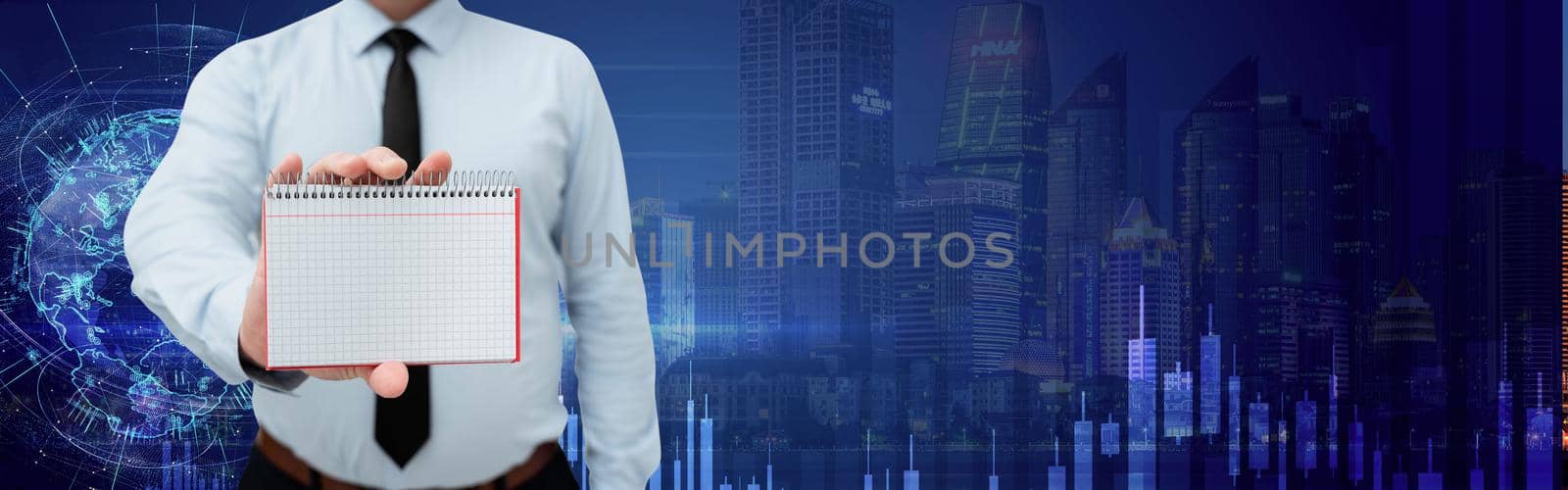 Man Wearing Black Tie Holding Empty Page Graphing Notebook Around Futuristic Technology. Employee Presenting Blank Workbook Surrounded By Modern Automation. by nialowwa