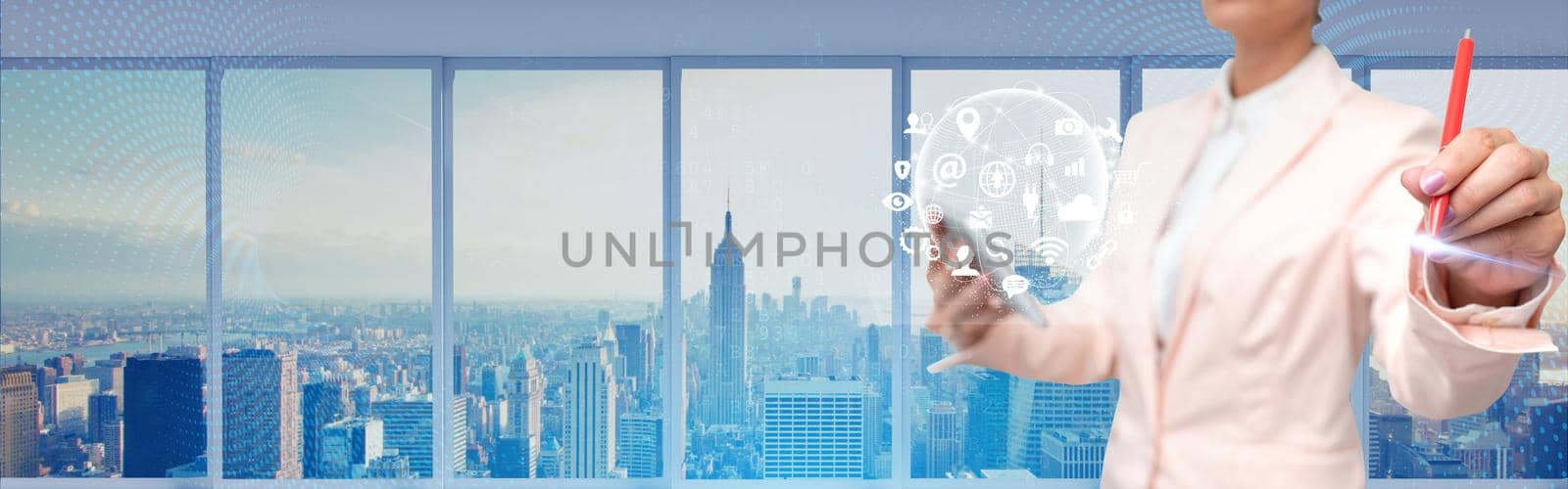 Businessman Holding Tablet Writing On Screen Showing Futuristic Technology.