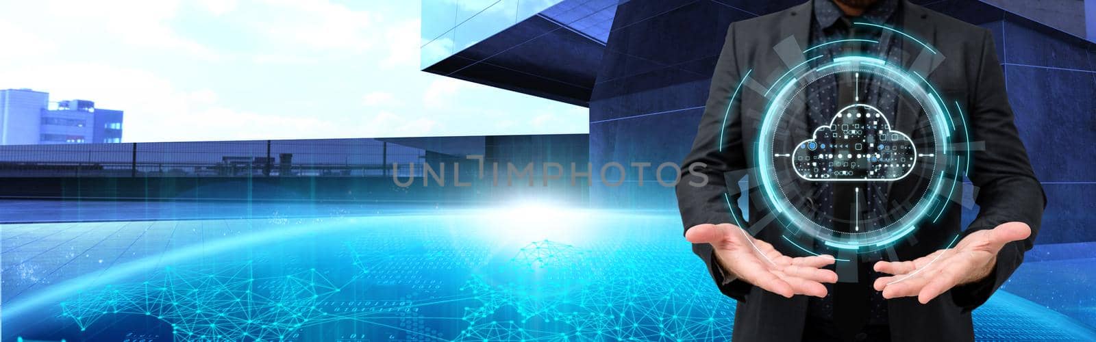 Businessman Presenting With Both Open Hands Showing Futuristic Technology.