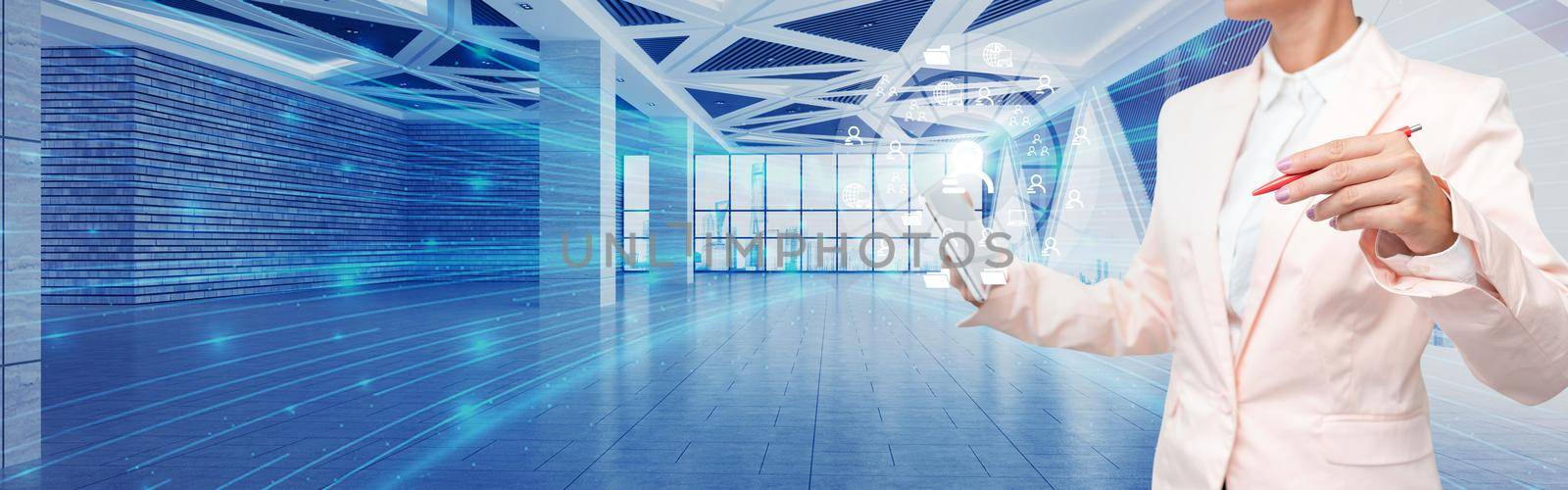 Businessman Holding Tablet Inside Room Presenting Futuristic Technology.