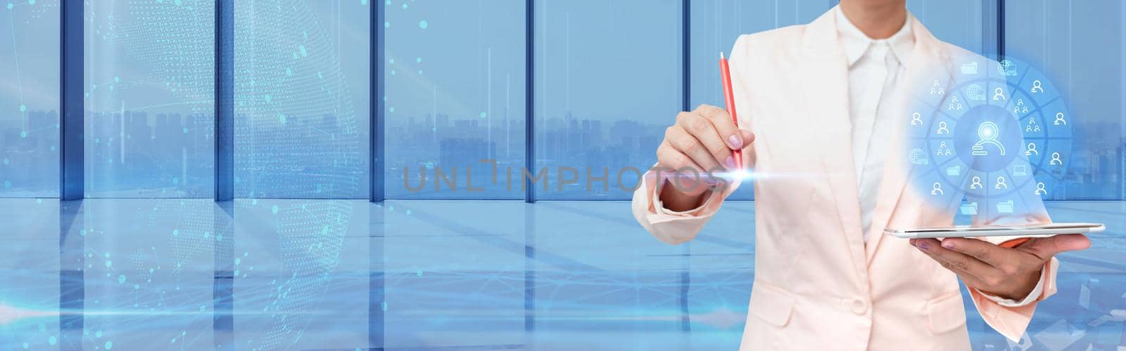 Businessman Holding Tablet Lightly Presenting Futuristic Technology.
