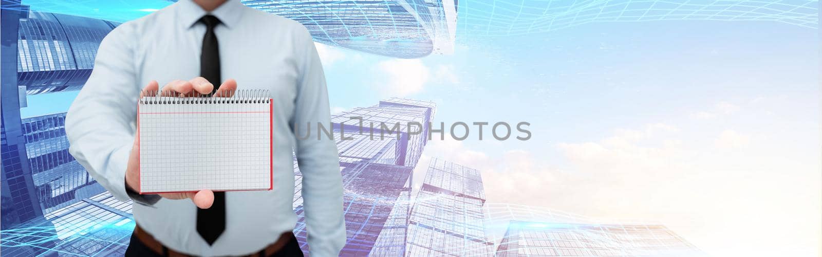 Man Wearing Black Tie Holding Empty Page Graphing Notebook Around Futuristic Technology. Employee Presenting Blank Workbook Surrounded By Modern Automation. by nialowwa