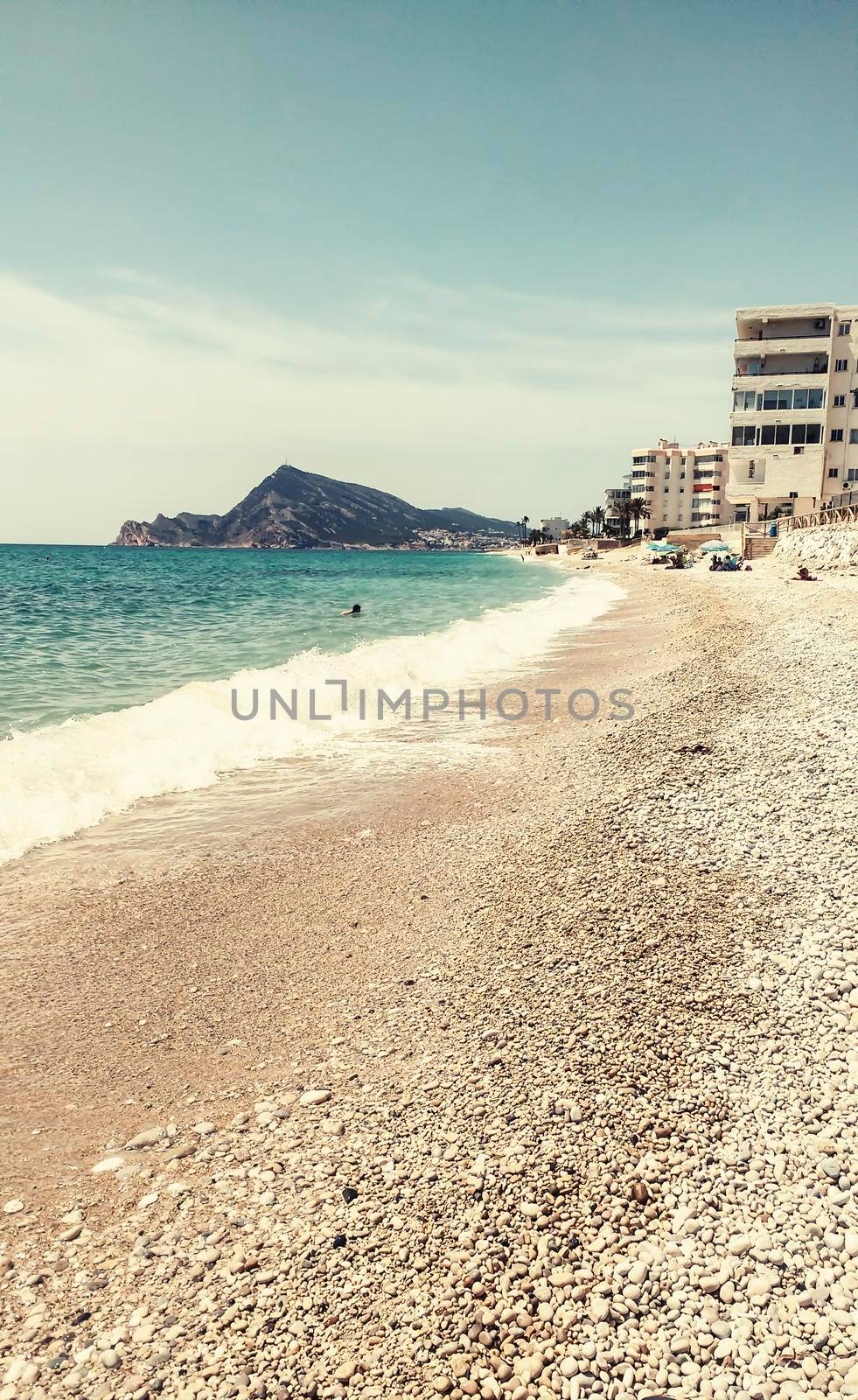 Cap Negret beach and Civil War bunker on a sunny day of Spring in Altea, Alicante, Spain.